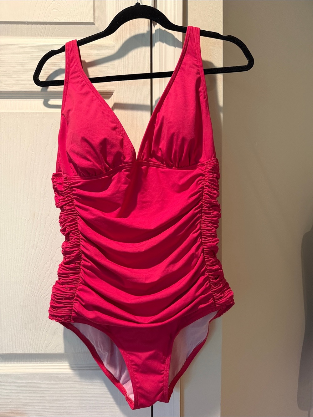 Ruched V-Neck One-Piece Swimsuit in Bright Pink